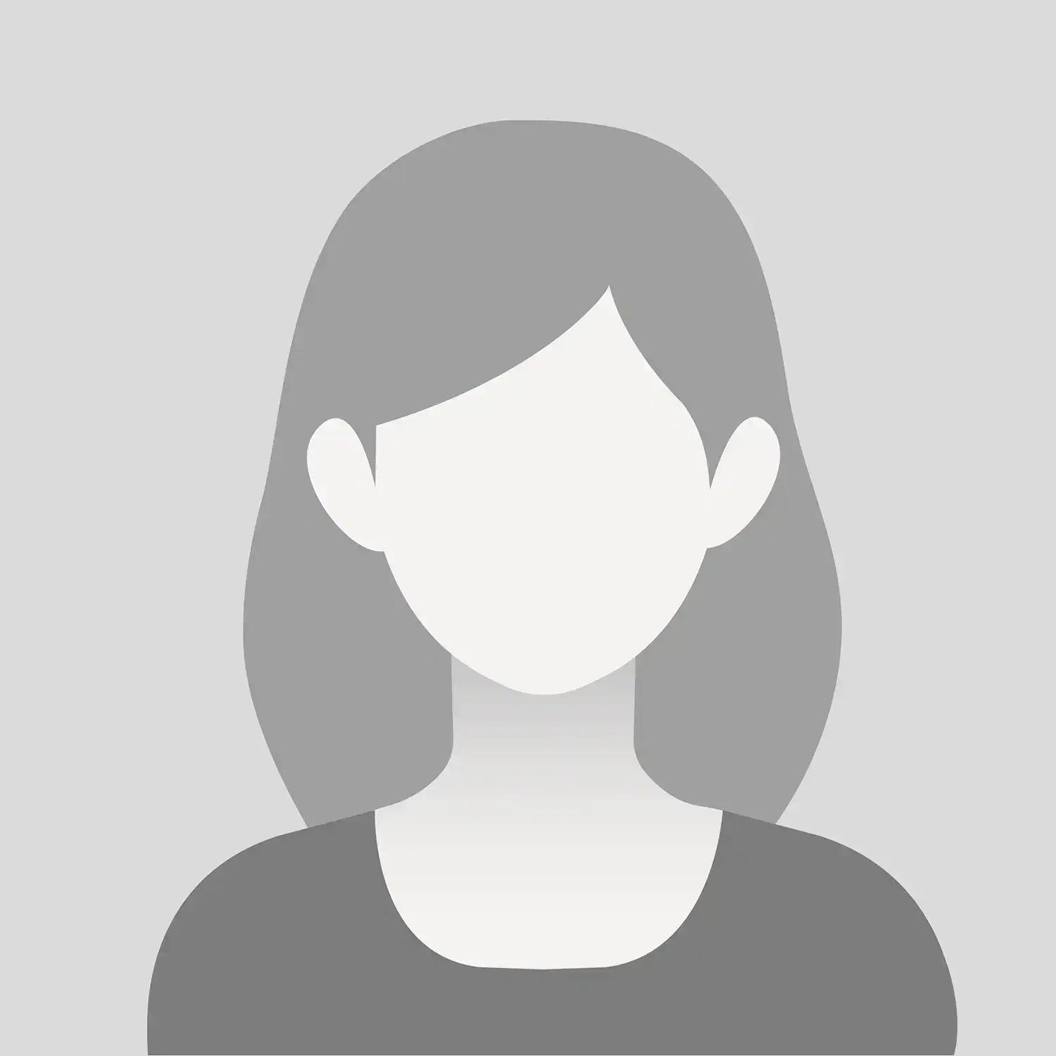 Abstract Grayscale Avatar of a Person with Shoulder-length Hair, No Facial Features, Wearing a Dark Shirt Against a Light Gray Background.